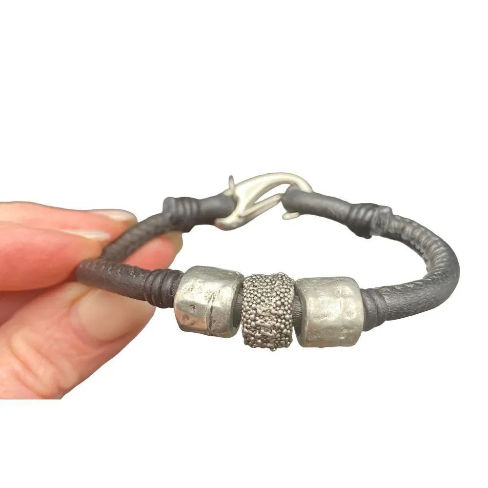 Lizzy James black leather and three silver beaded bracelet with hook clasp